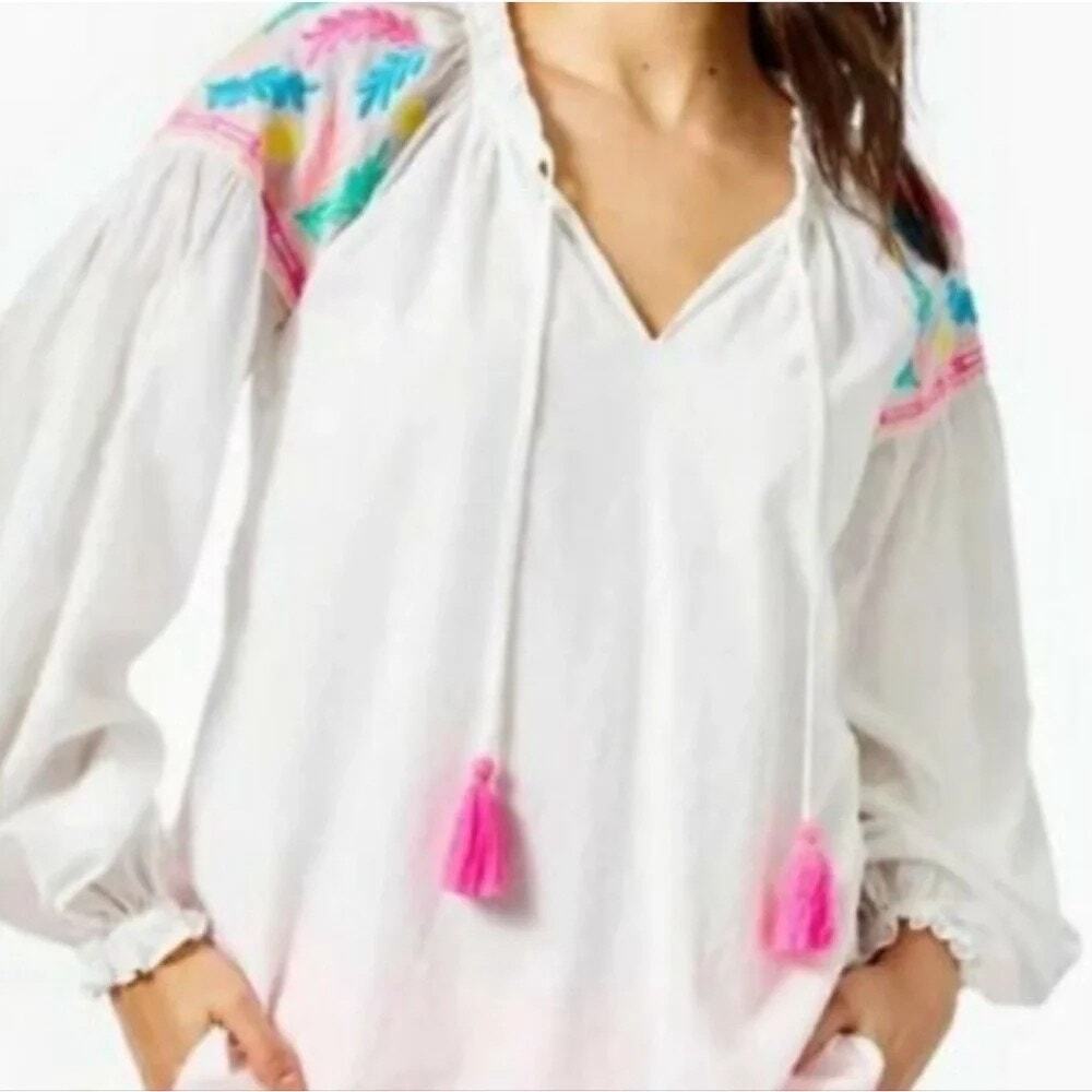 Lilly Pulitzer Florentina Top 100% Cotton Pink Tassels Embroidered Women's Small